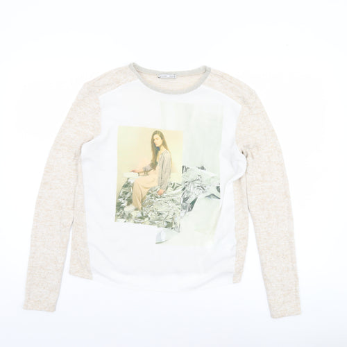 Zara Women Beige Long Sleeve Art Print Jersey T-Shirt Size S