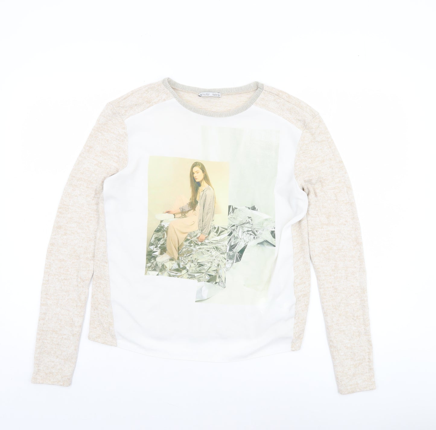 Zara Women Beige Long Sleeve Art Print Jersey T-Shirt Size S
