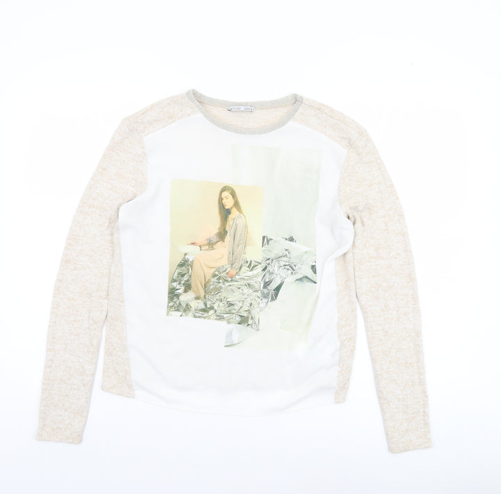 Zara Women Beige Long Sleeve Art Print Jersey T-Shirt Size S