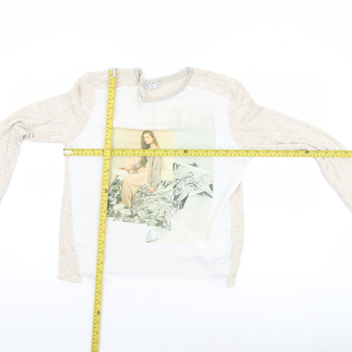 Zara Women Beige Long Sleeve Art Print Jersey T-Shirt Size S