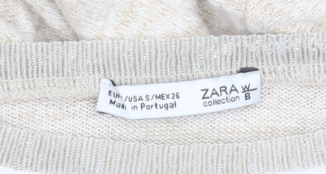 Zara Women Beige Long Sleeve Art Print Jersey T-Shirt Size S