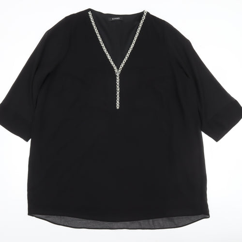 Evans Womens Black Tunic Blouse Size 22 Beaded V-Neck 3/4 Sleeve