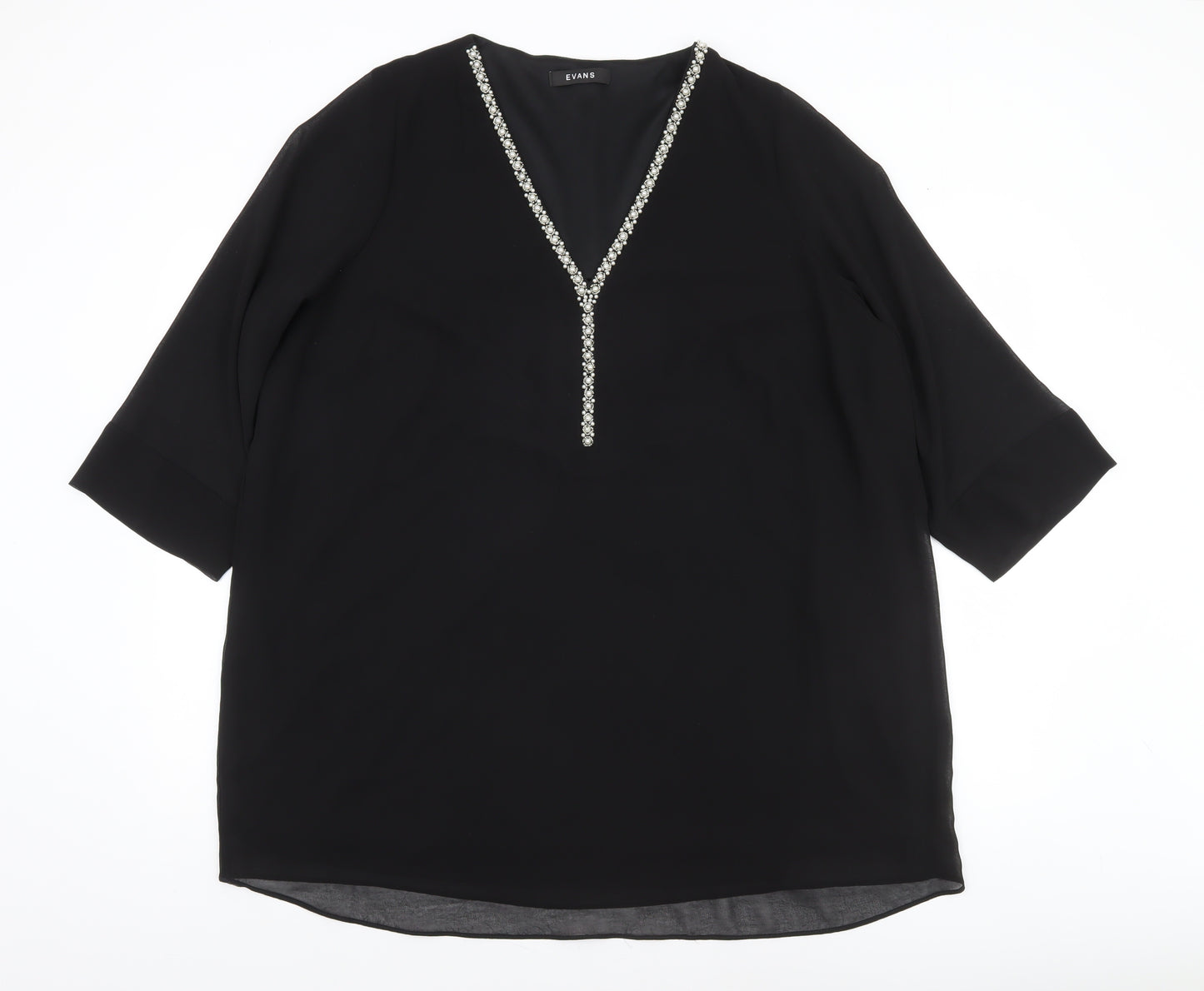 Evans Womens Black Tunic Blouse Size 22 Beaded V-Neck 3/4 Sleeve