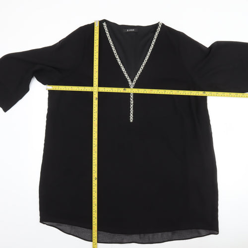 Evans Womens Black Tunic Blouse Size 22 Beaded V-Neck 3/4 Sleeve
