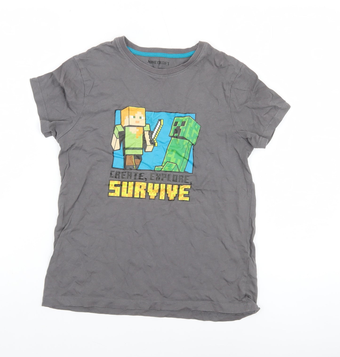 Minecraft Boys Grey 10-11 Years Graphic Cotton T-Shirt Creeper Gamer Tee