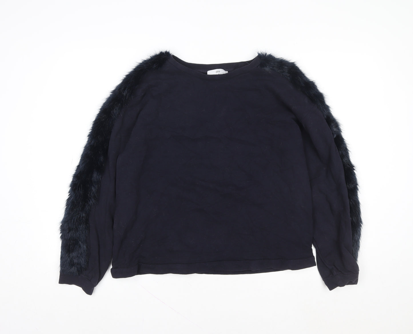 Zara Women Black Faux Fur Trimmed Pullover Sweatshirt Size 12