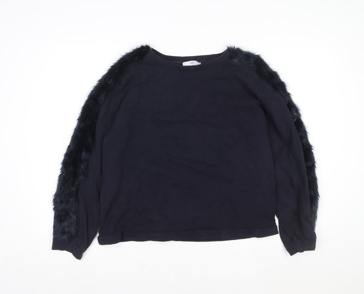 Zara Women Black Faux Fur Trimmed Pullover Sweatshirt Size 12
