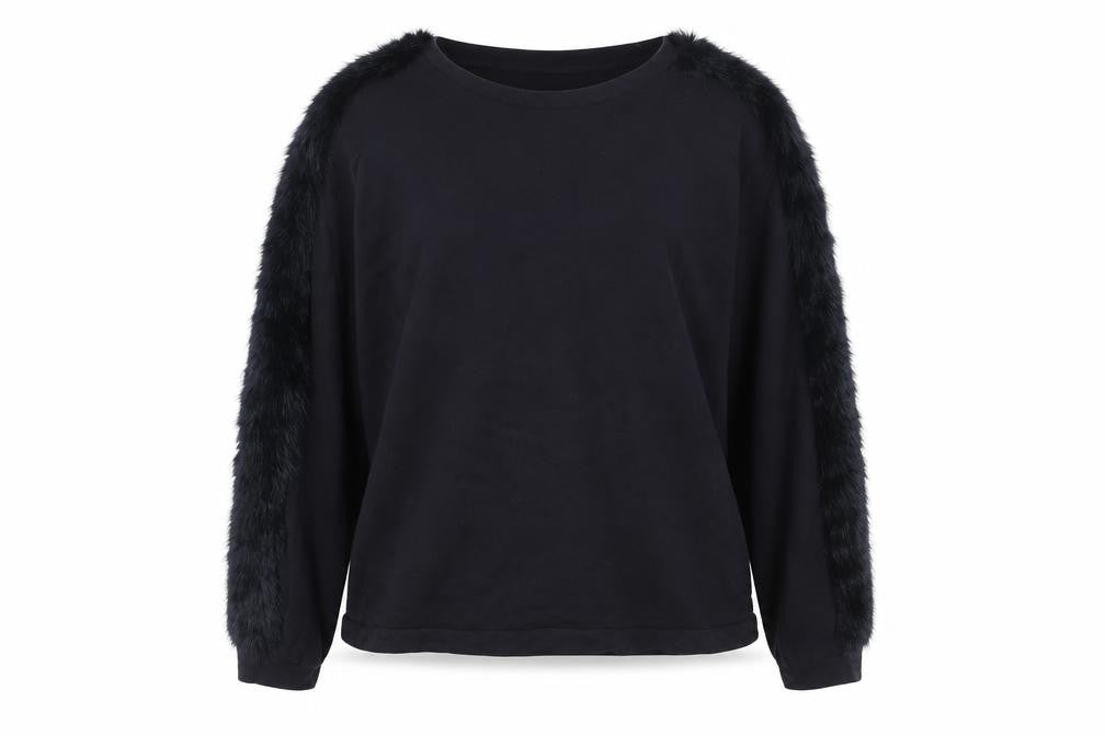 Front view of Zara Women Black Faux Fur Trimmed Pullover Sweatshirt, size 12