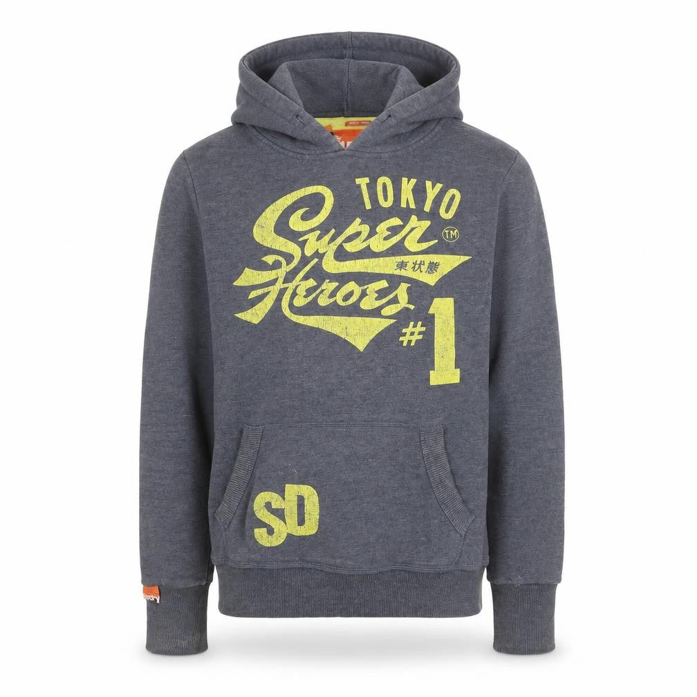 Front view of Superdry Men's Grey Pullover Hoodie Small Tokyo Superheroes Graphic