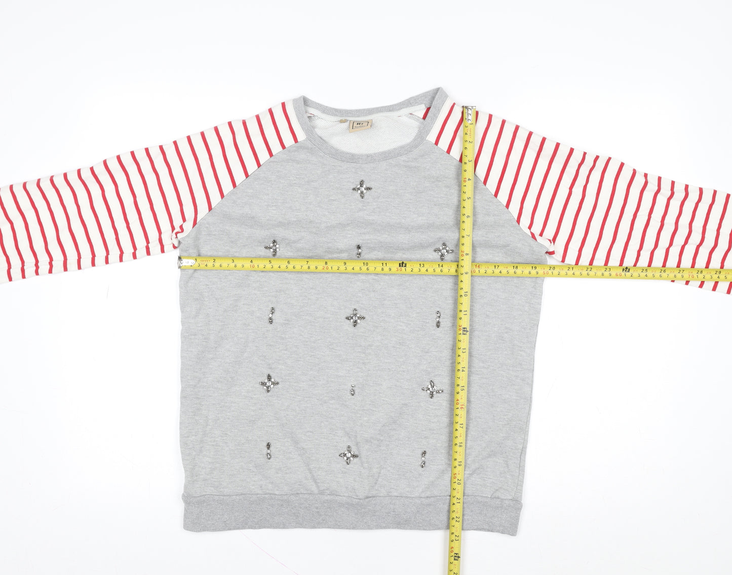 Rose & Rose Women's Grey Embellished Striped Sleeve Sweatshirt Small