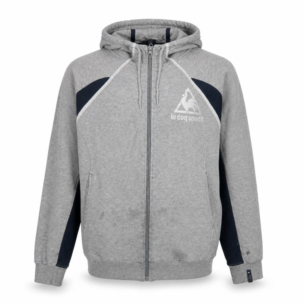 Front view of Le Coq Sportif Men's Grey Full Zip Hooded Jacket, size M
