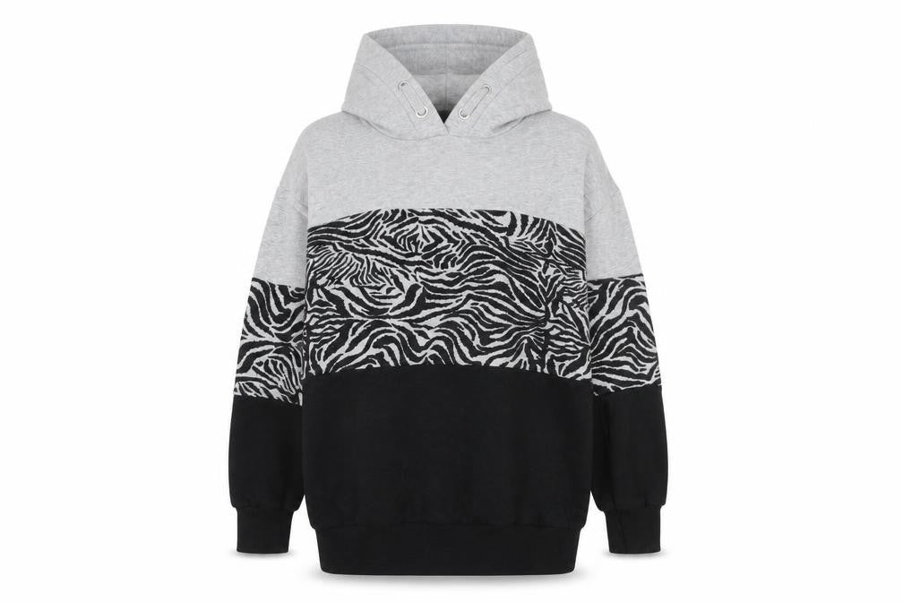Front view of Next girls’ grey & black zebra print pullover hoodie – 9 years