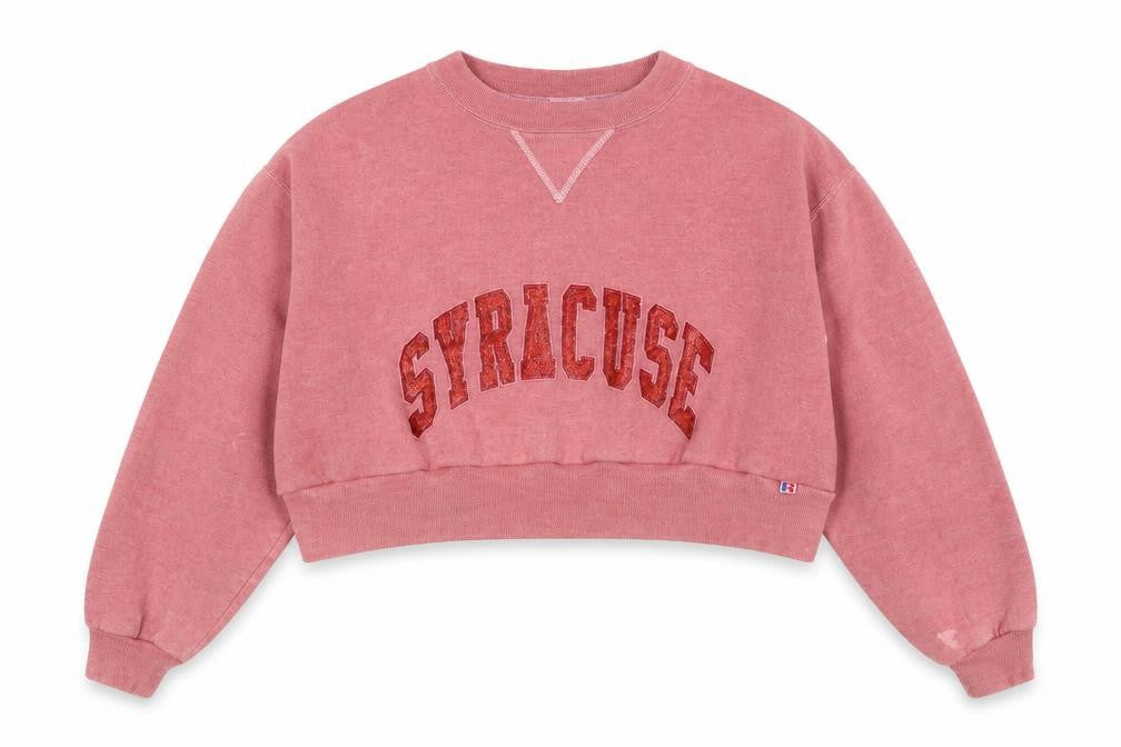 Front view of Russell Athletic women’s pink cropped crew neck sweatshirt, size L
