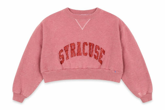 Front view of Russell Athletic women’s pink cropped crew neck sweatshirt, size L