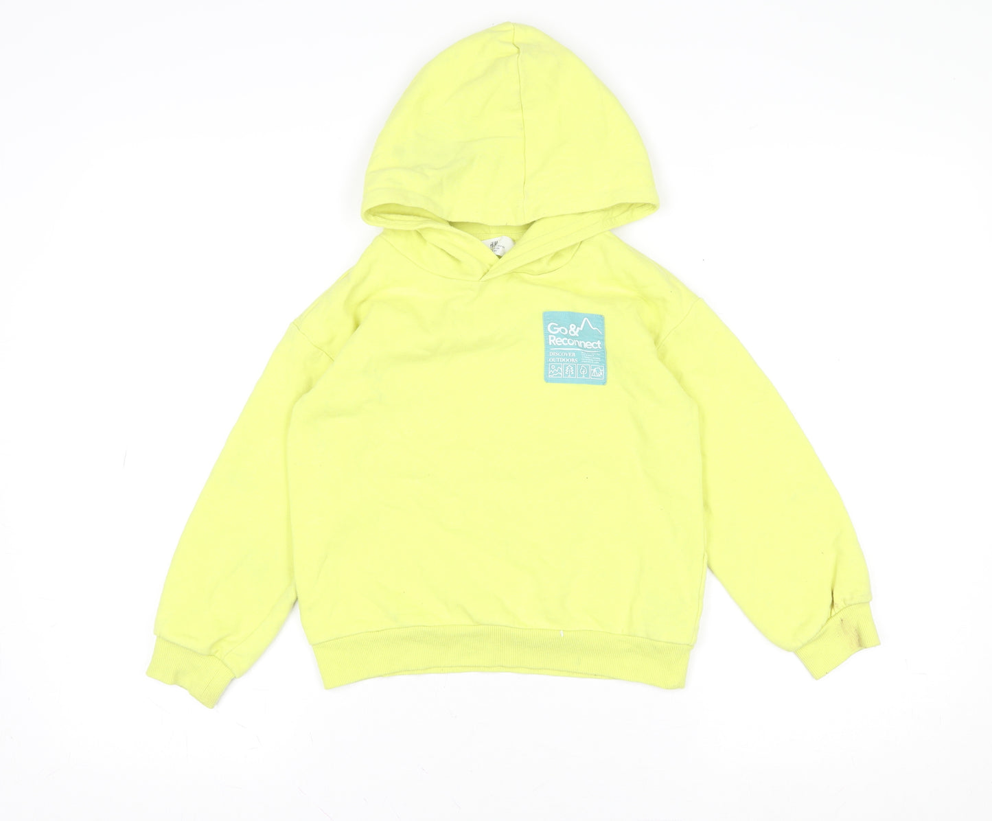 H&M Boys Yellow Go & Reconnect Hoodie 7-8 Years Cotton Blend Graphic Print