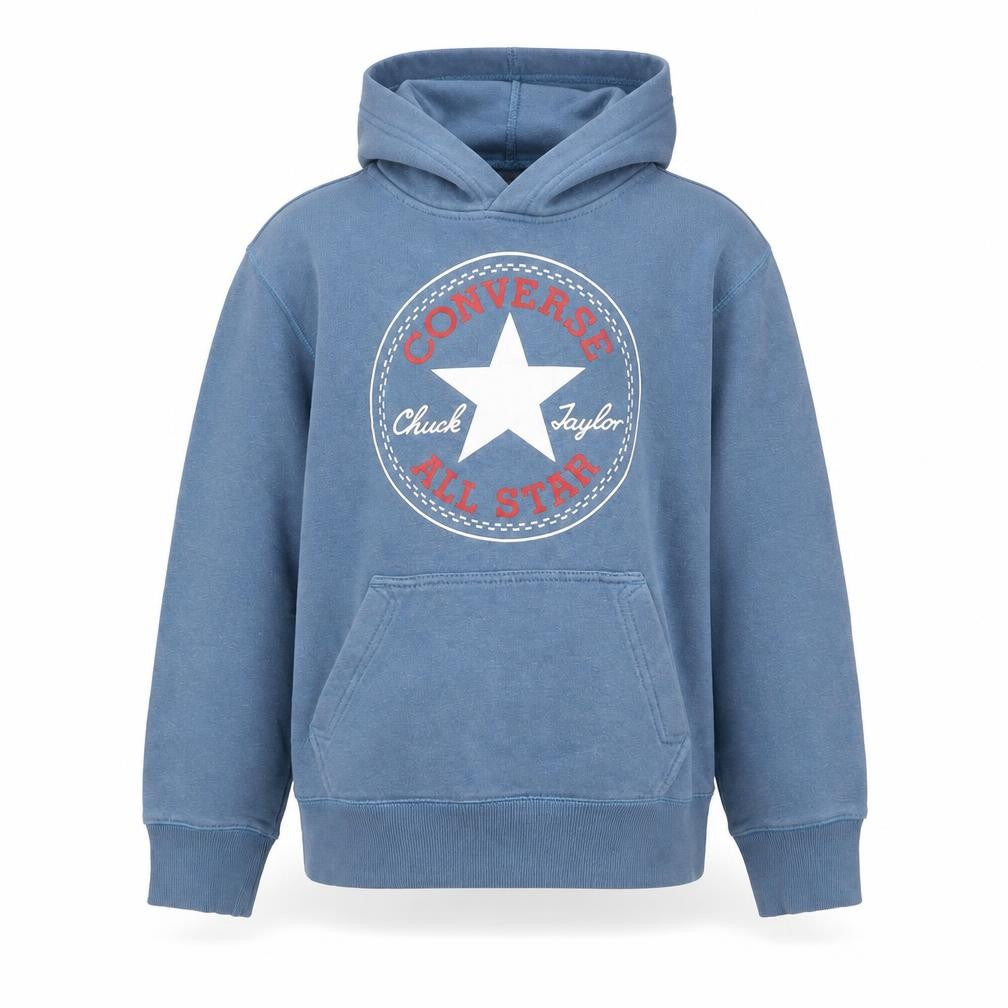 Front view of Converse boys’ blue pullover hoodie 10-12 years graphic print cotton blend