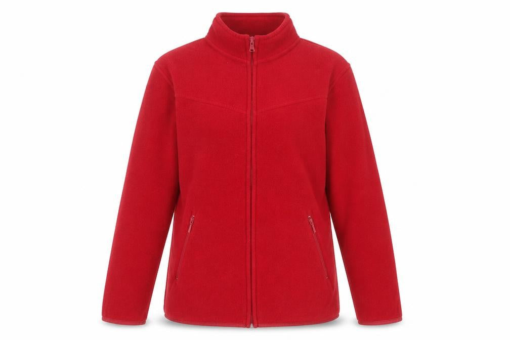 Front view of EWM women’s red fleece full zip jacket, size S, 10-12