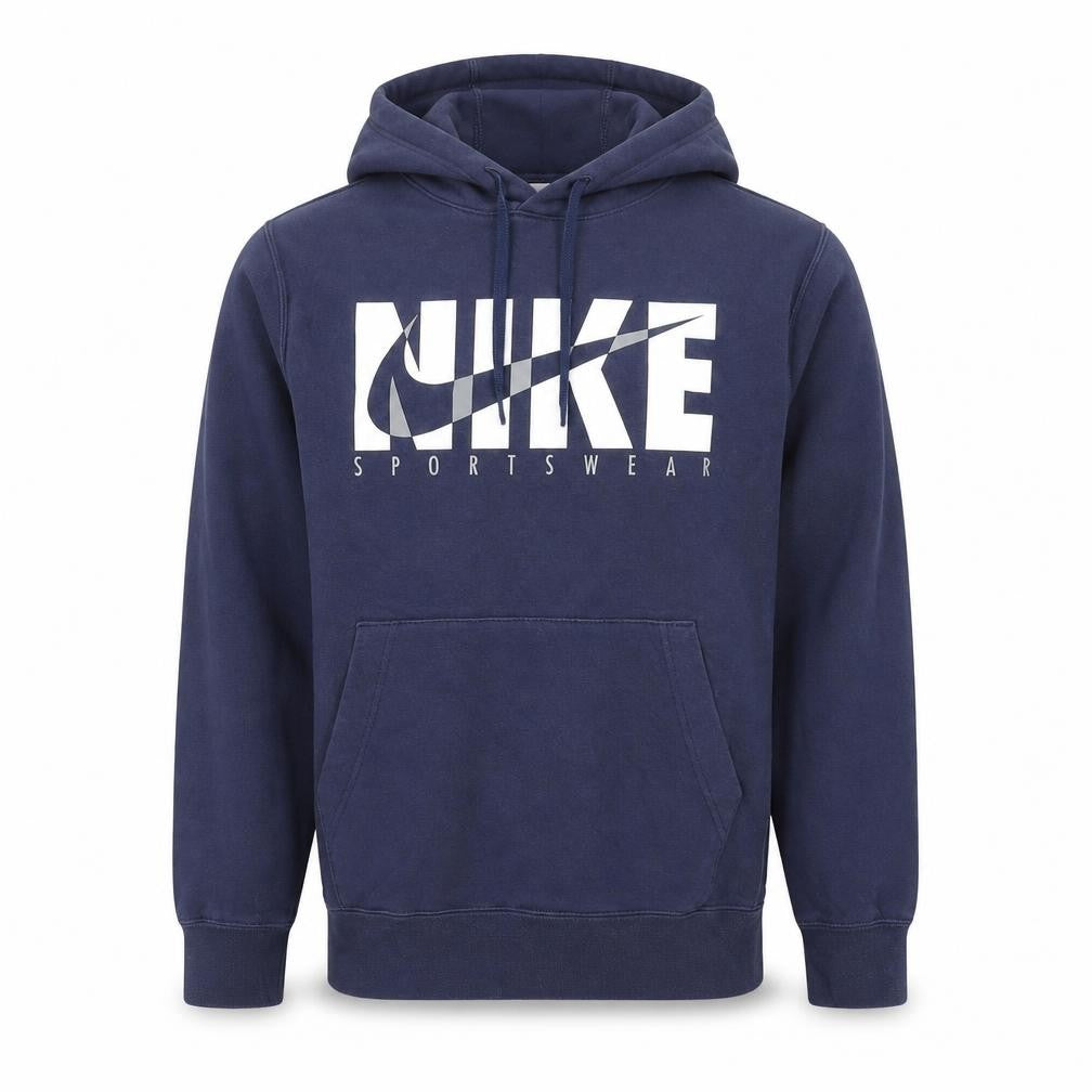 Front view of Nike Men's Blue Pullover Hoodie Small Sportswear Logo Fleece