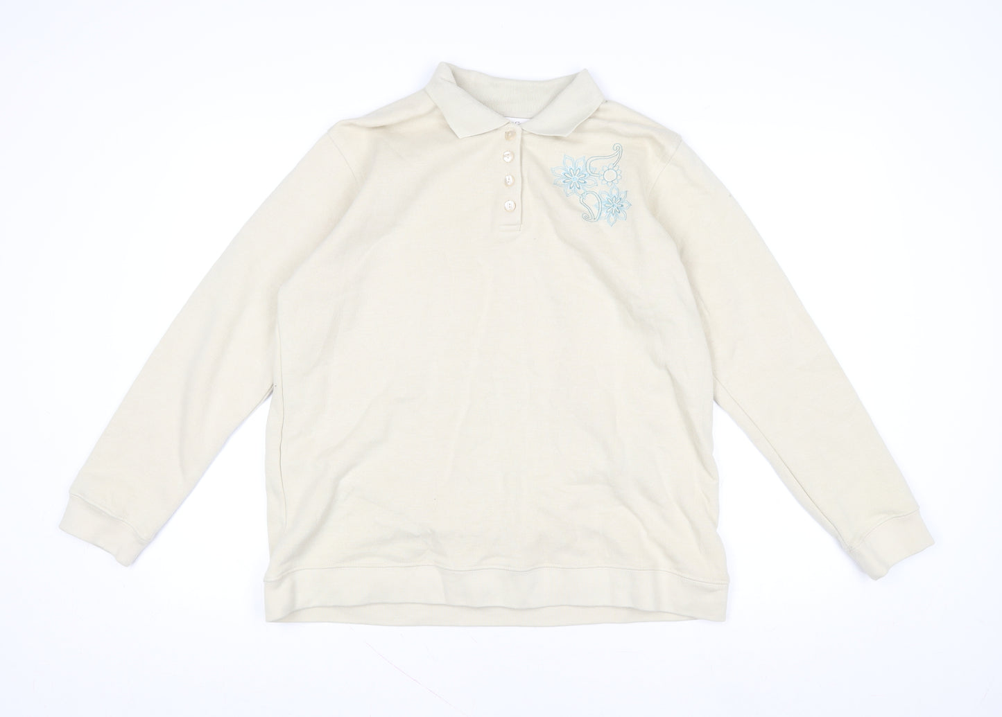 EWM Pure Classics Women's Beige Embroidered Henley Sweatshirt Size L 18-20