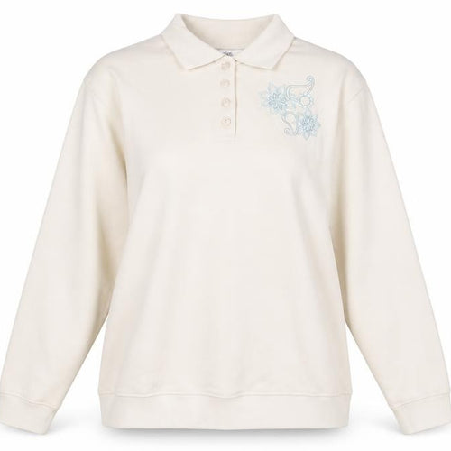 EWM Pure Classics Women's Beige Embroidered Henley Sweatshirt Size L 18-20