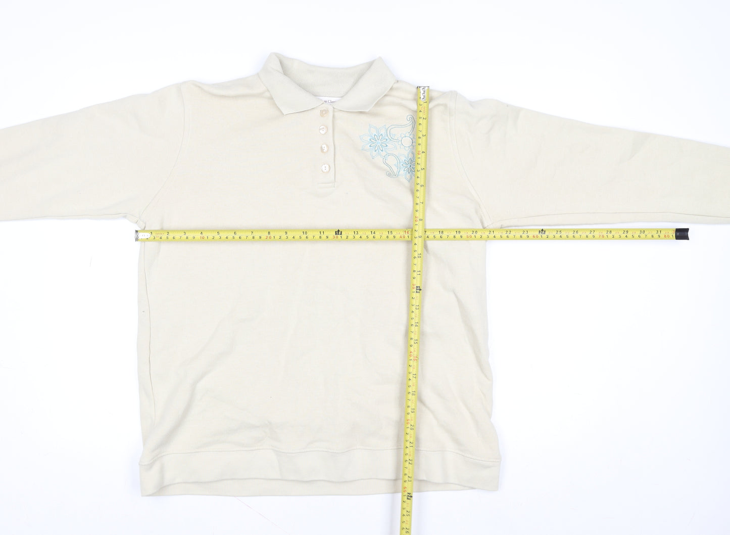 EWM Pure Classics Women's Beige Embroidered Henley Sweatshirt Size L 18-20