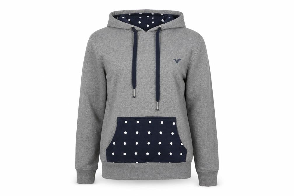 Front view of Voi Jeans Women’s Grey Polka Dot Lined Pullover Hoodie, size UK 14