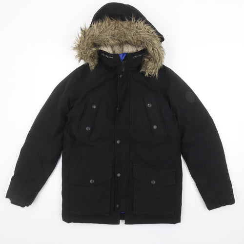 Jack & Jones Boys Black Parka Coat 152cm Hooded Faux Fur Trim Winter Jacket
