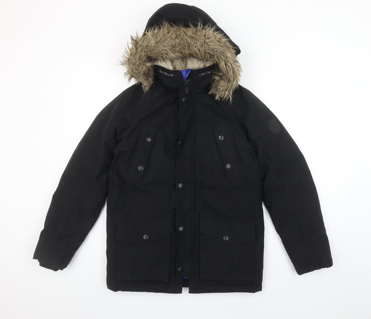 Jack & Jones Boys Black Parka Coat 152cm Hooded Faux Fur Trim Winter Jacket