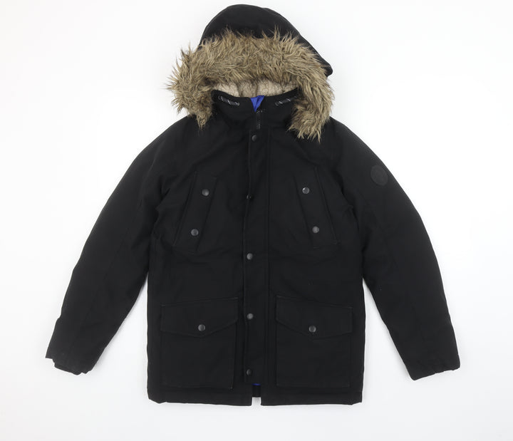 Jack & Jones Boys Black Parka Coat 152cm Hooded Faux Fur Trim Winter Jacket