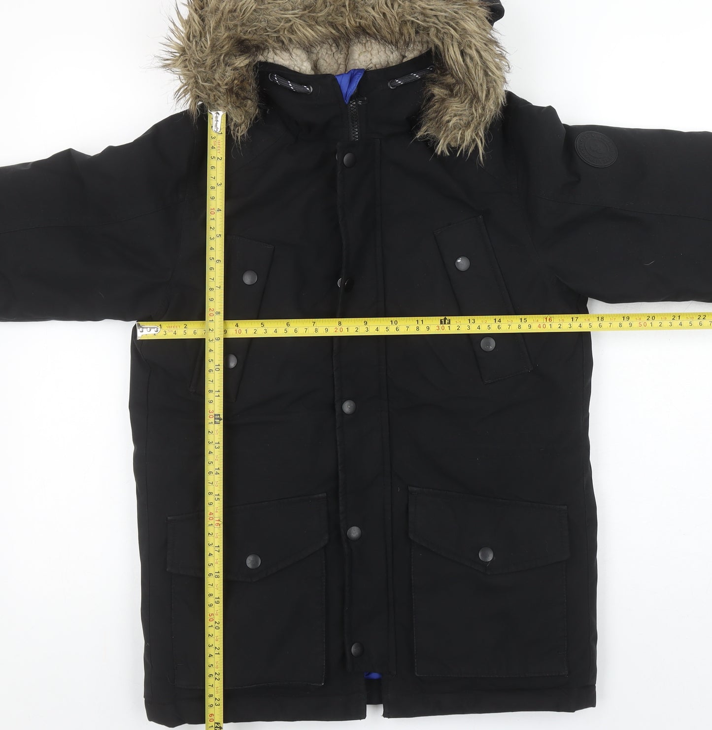 Jack & Jones Boys Black Parka Coat 152cm Hooded Faux Fur Trim Winter Jacket