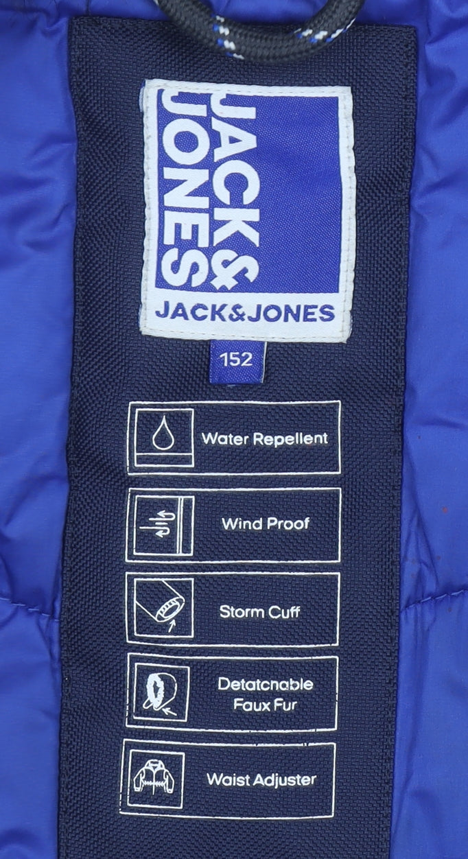 Jack & Jones Boys Black Parka Coat 152cm Hooded Faux Fur Trim Winter Jacket