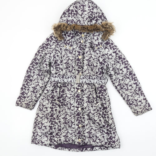 Feraud Girls Purple Floral Puffer Coat 6-7 Years Hooded Faux Fur Winter Jacket