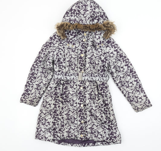 Feraud Girls Purple Floral Puffer Coat 6-7 Years Hooded Faux Fur Winter Jacket