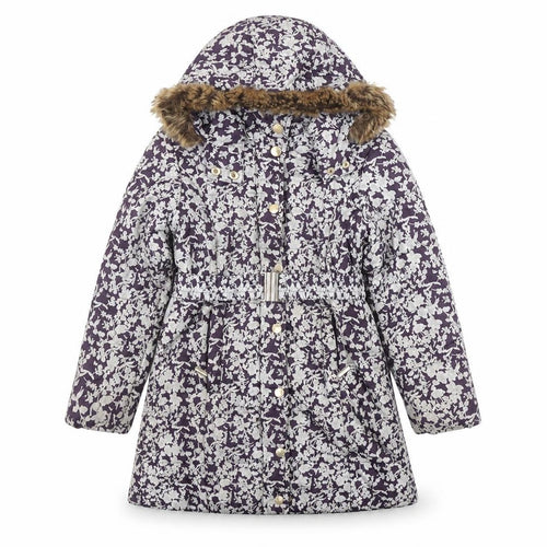 Feraud Girls Purple Floral Puffer Coat 6-7 Years Hooded Faux Fur Winter Jacket