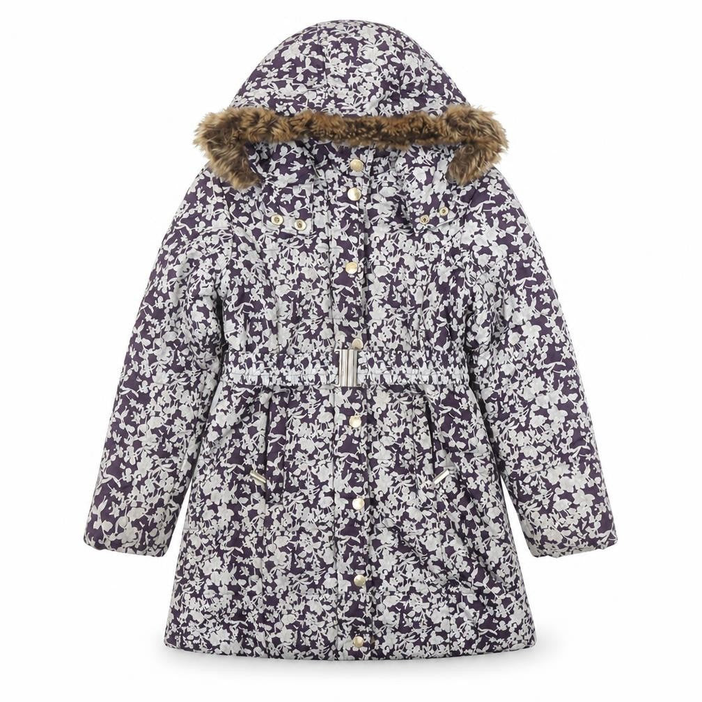 Feraud Girls Purple Floral Puffer Coat 6-7 Years Hooded Faux Fur Winter Jacket