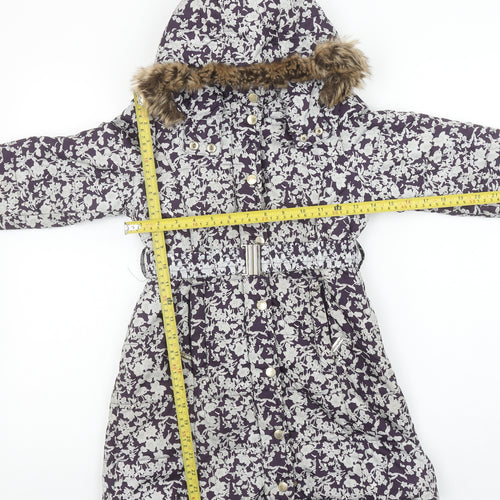 Feraud Girls Purple Floral Puffer Coat 6-7 Years Hooded Faux Fur Winter Jacket