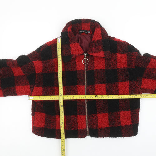 PrettyLittleThing Women Red Check Fleece Cropped Bomber Jacket Size 12