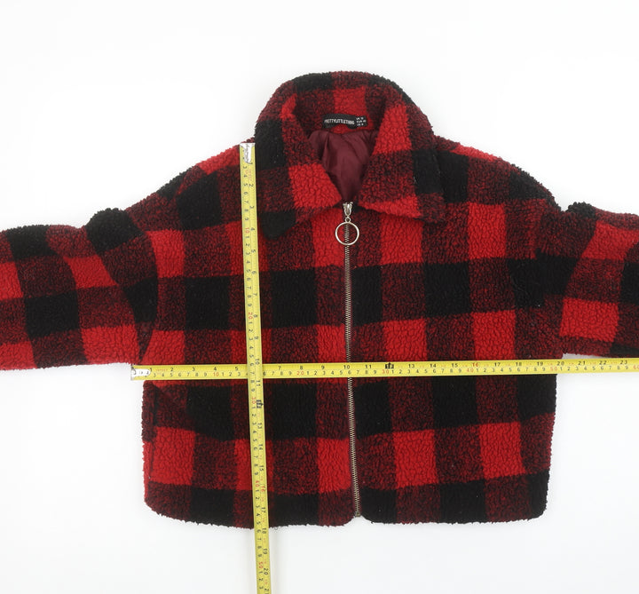 PrettyLittleThing Women Red Check Fleece Cropped Bomber Jacket Size 12