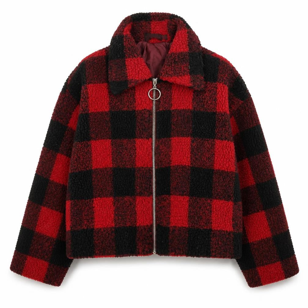 Front view of PRETTYLITTLETHING Women Red Check Fleece Cropped Bomber Jacket, size 12