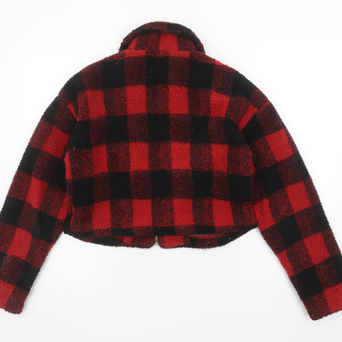 PrettyLittleThing Women Red Check Fleece Cropped Bomber Jacket Size 12