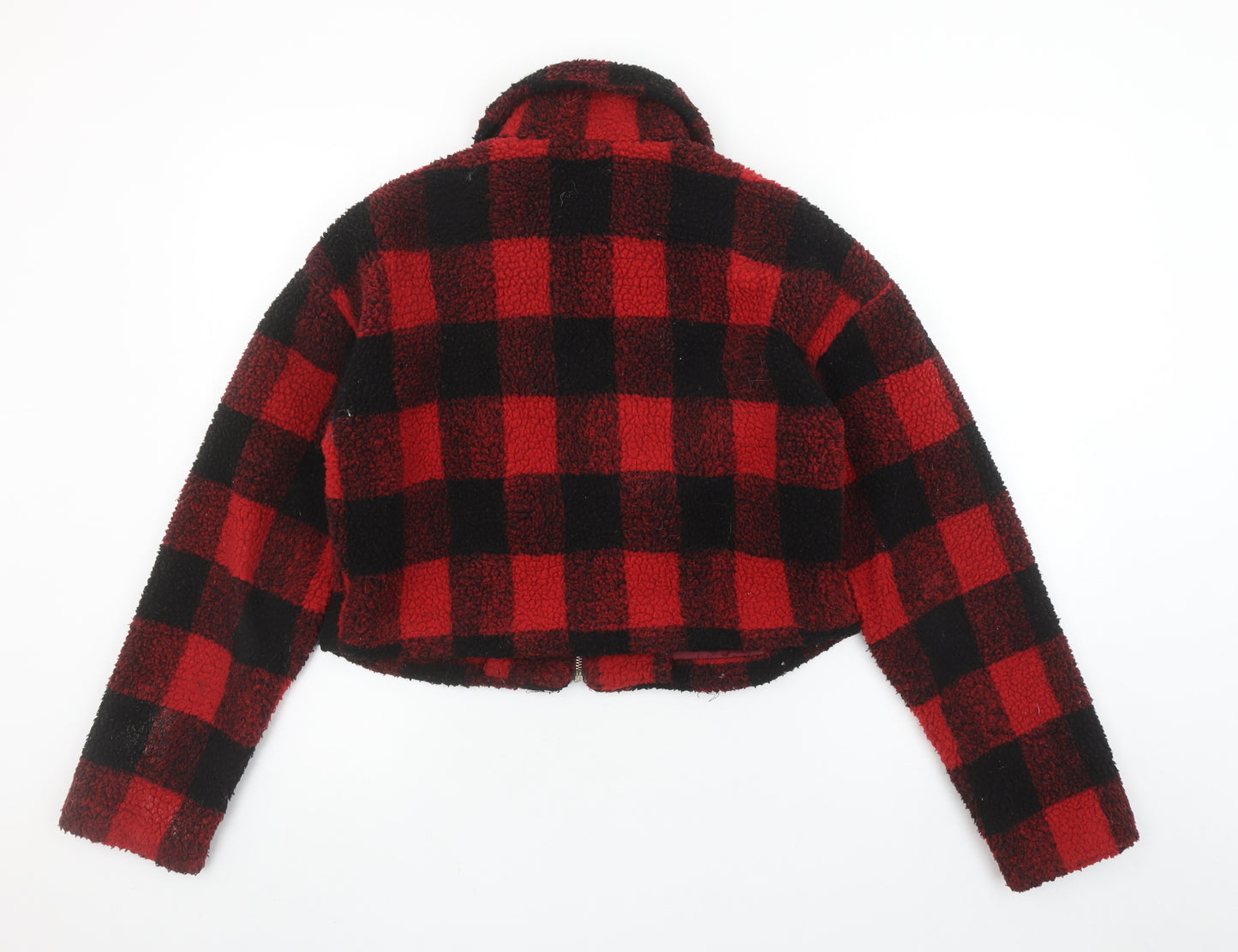 PrettyLittleThing Women Red Check Fleece Cropped Bomber Jacket Size 12