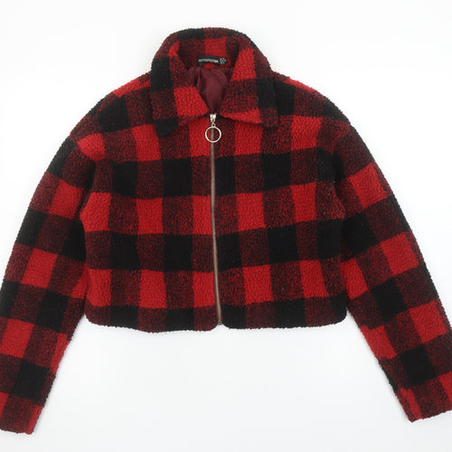 PrettyLittleThing Women Red Check Fleece Cropped Bomber Jacket Size 12