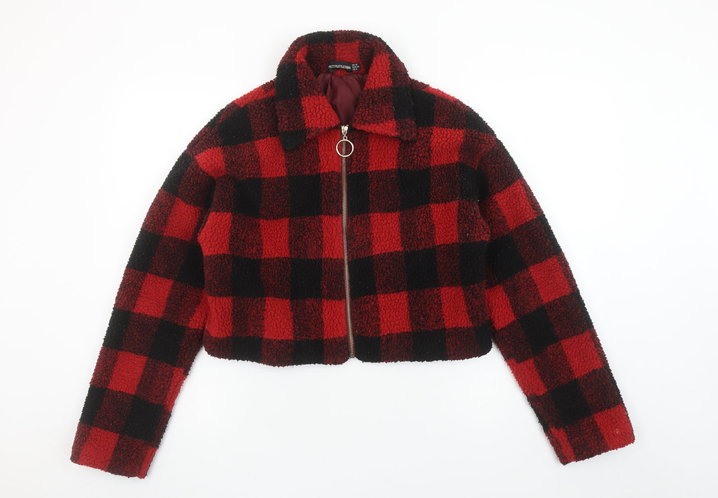 PrettyLittleThing Women Red Check Fleece Cropped Bomber Jacket Size 12