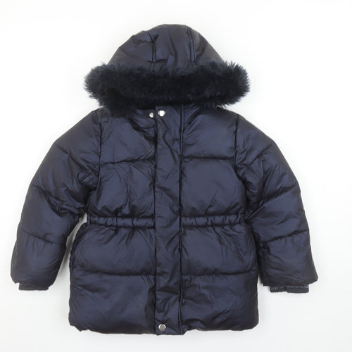 Marks and Spencer Girls Black Hooded Puffer Coat 4-5 Years Faux Fur Trim