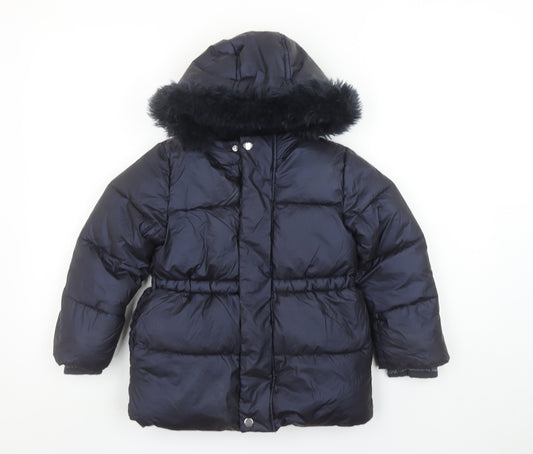 Marks and Spencer Girls Black Hooded Puffer Coat 4-5 Years Faux Fur Trim