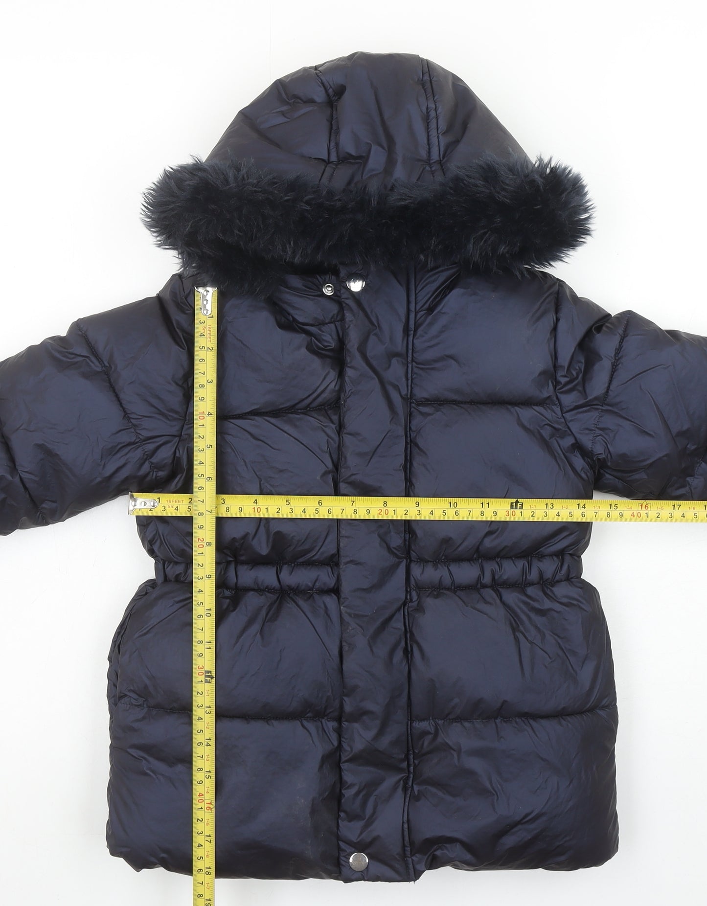 Marks and Spencer Girls Black Hooded Puffer Coat 4-5 Years Faux Fur Trim