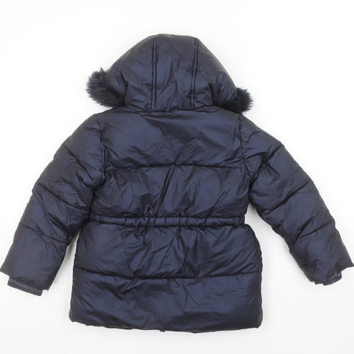 Marks and Spencer Girls Black Hooded Puffer Coat 4-5 Years Faux Fur Trim