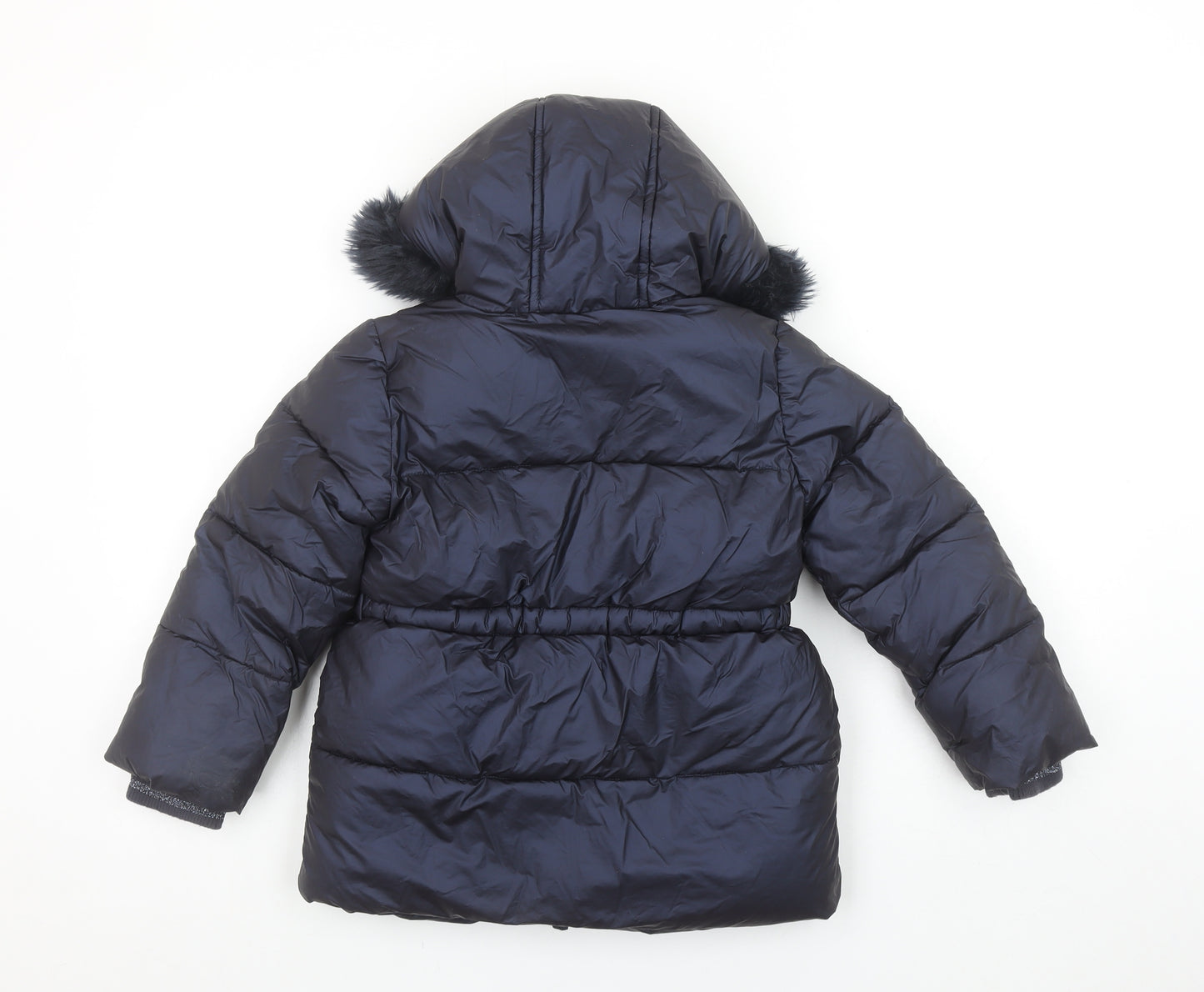 Marks and Spencer Girls Black Hooded Puffer Coat 4-5 Years Faux Fur Trim