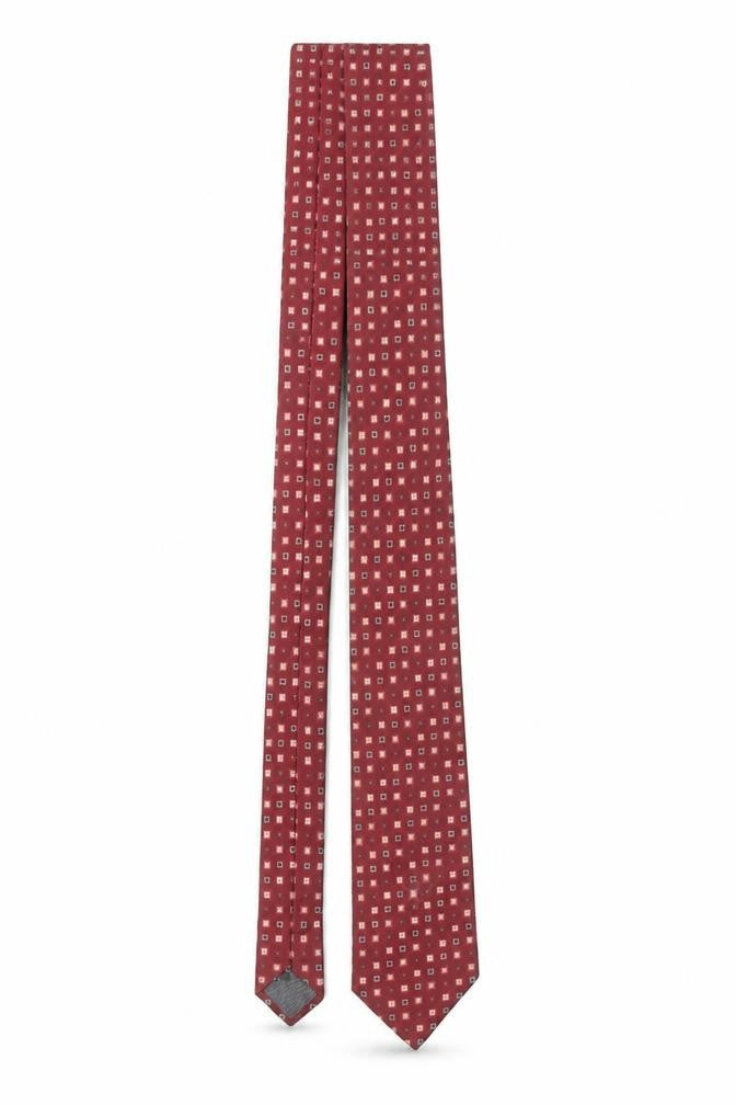 Front view of J. Ploenes Men's Red Geometric 100% Silk Tie – Elegant Patterned Accessory