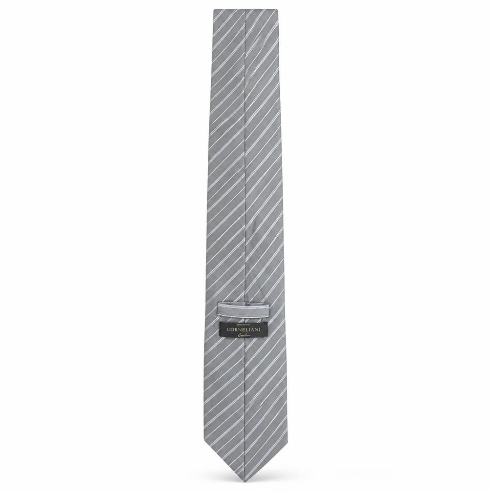 Front view of Corneliani Men Grey Striped Silk Designer Tie One Size